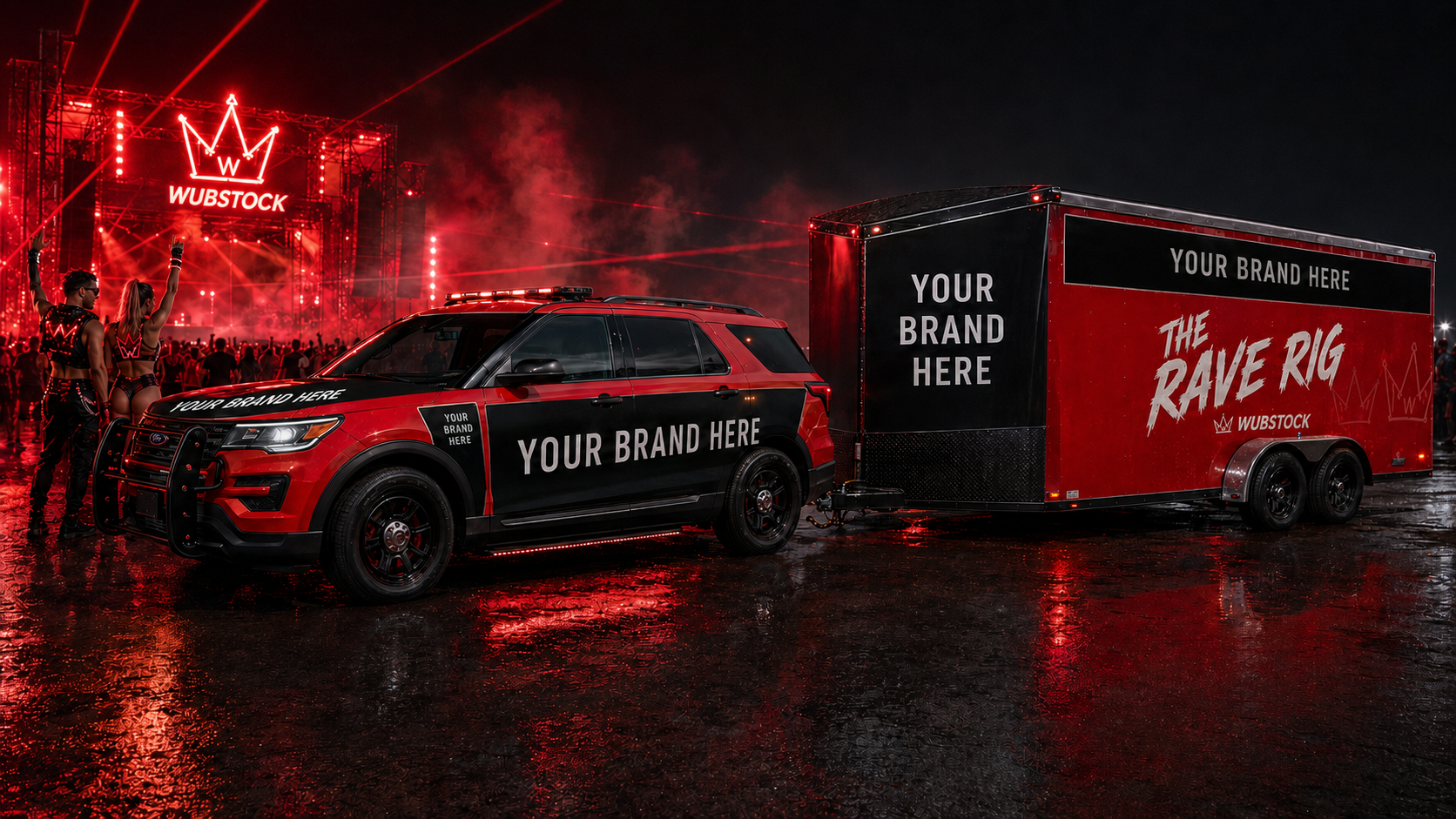 The red Rave Rig Explorer and sponsor-ready trailer at a WubStock event